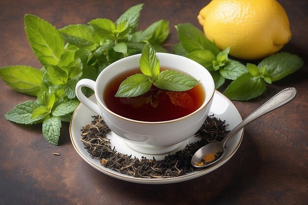 Photo une tasse de thé chaud, du sucre de canne, des feuilles de thé sèches et de la menthe.