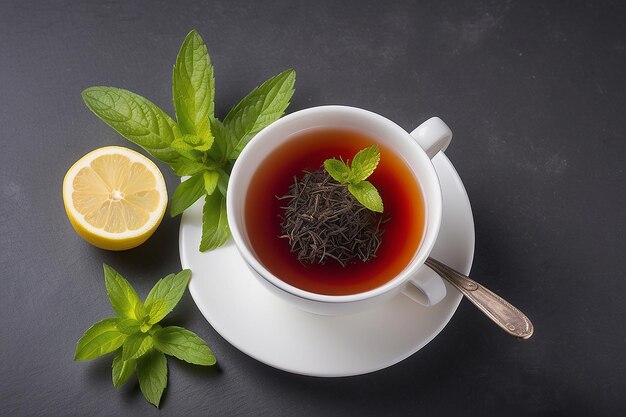 Photo une tasse de thé chaud, du sucre de canne, des feuilles de thé sèches et de la menthe.