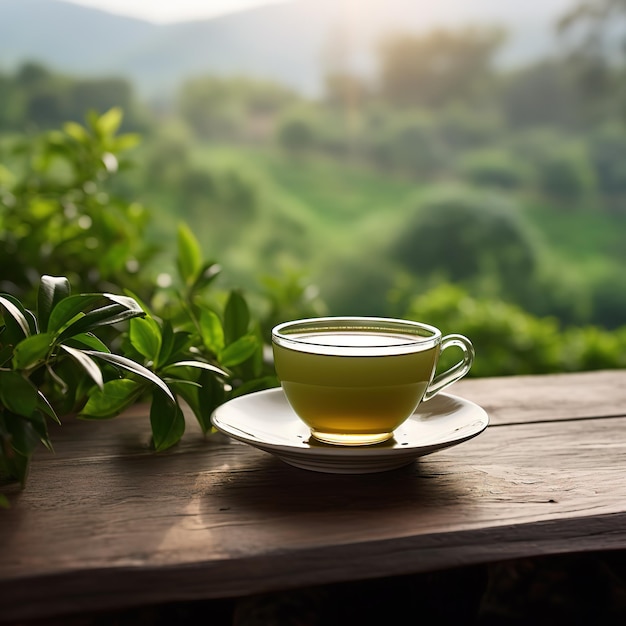 Une tasse de thé chaud et du thé vert biologique sur une table en bois