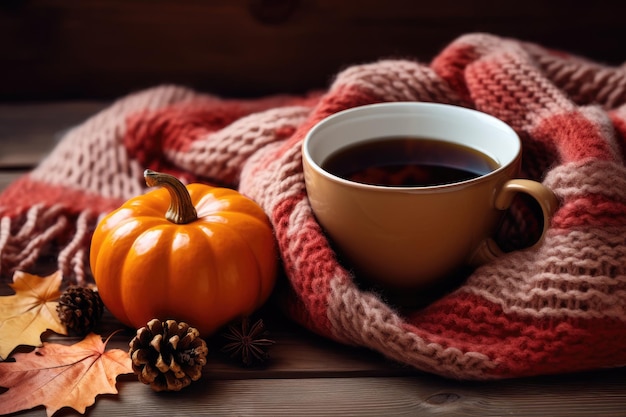 Tasse de thé chaud frais avec des feuilles d'automne et une vue de dessus à carreaux à plat généré par l'IA