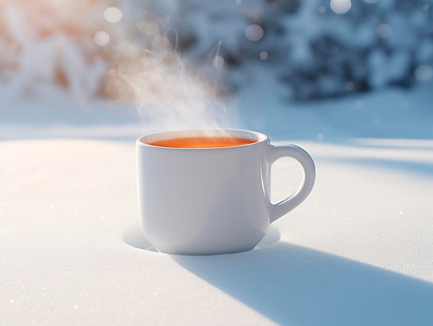 Tasse de thé chaud sur la neige dans la forêt d'hiver