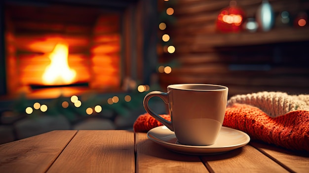 Tasse avec thé chaud posée sur une table avec couverture en laine dans un salon confortable avec cheminée Journée d'hiver confortable créée avec la technologie Generative Al