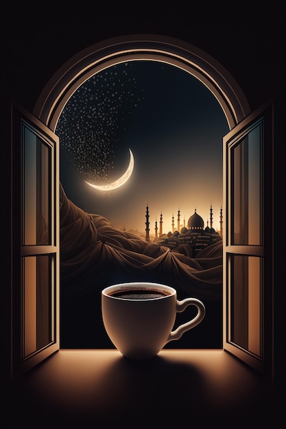 Une tasse de thé chaud sur les rebords de la fenêtre Vue de la fenêtre Croissant du mois sacré du Ramadan la nuit Generative AI