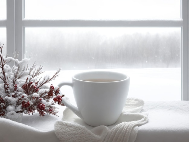 Une tasse de thé chaud recouverte d'une laine douce et confortable blanche