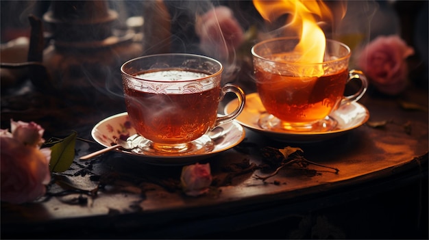 Une tasse de thé chaud sur une table en bois dans la cheminée