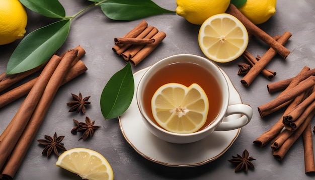 une tasse de thé avec des citrons et des bâtons de cannelle sur une table