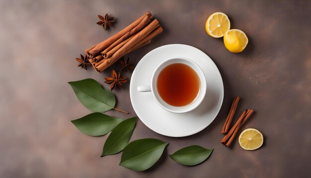 une tasse de thé avec des citrons et des bâtons de cannelle sur une table