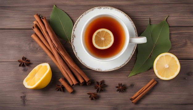 une tasse de thé avec des citrons et des feuilles sur une table en bois