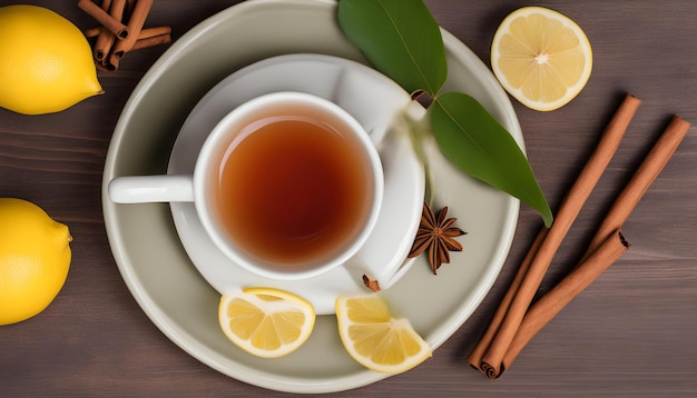une tasse de thé avec des citrons et une tasse De thé