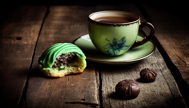 Une tasse de thé avec un cookie vert et une tasse de thé sur une table en bois.