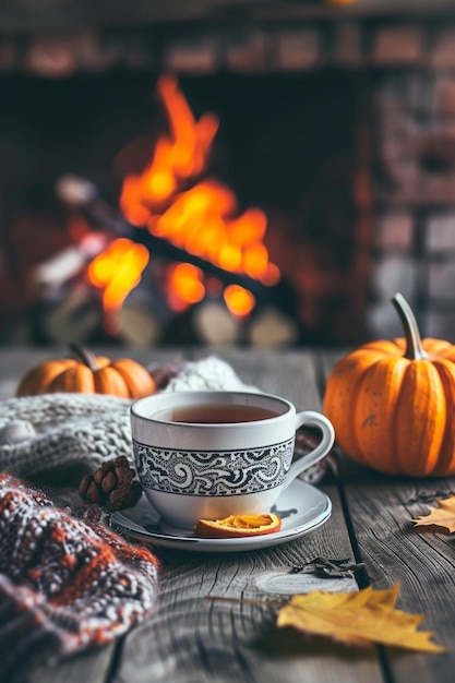 une tasse de thé à côté d'une pile de feuilles d'automne