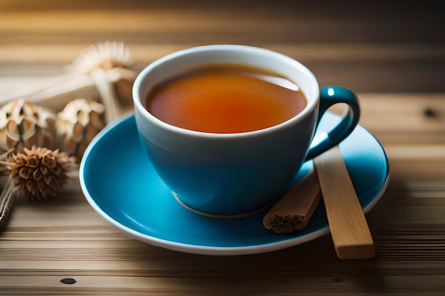 Photo une tasse de thé avec une cuillère en bois à côté