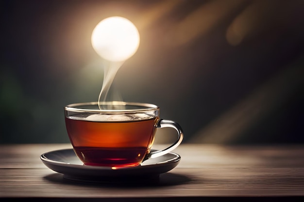 une tasse de thé avec une cuillère sur une soucoupe avec une lumière qui brille dessus.