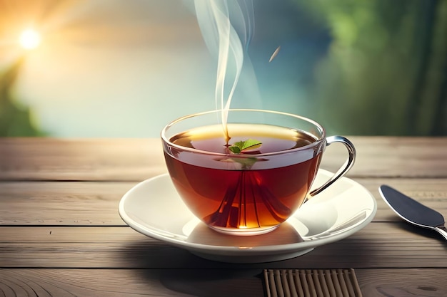 une tasse de thé avec une cuillère sur une table en bois.