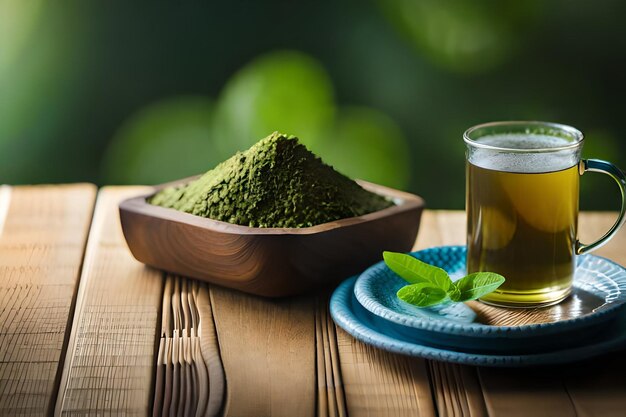 une tasse de thé et une cuillère sur une table avec un thé vert en arrière-plan.