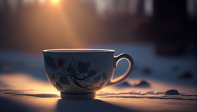 Tasse de thé dans la forêt d'hiver ai générative