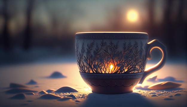 Tasse de thé dans la forêt d'hiver ai générative