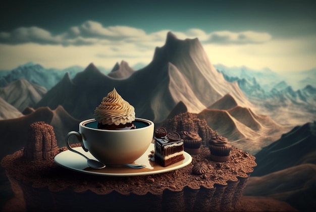 Tasse de thé avec dessert sur fond de paysage magnifique AI générative