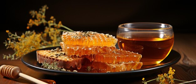 une tasse de thé, du miel, du citron, du nid d'abeille et une table en bois sont représentés sur un fond brun