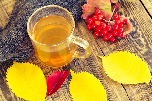 Tasse de thé, écharpe tricotée noire, branche de viorne et feuilles jaunes d'automne sur fond de bois