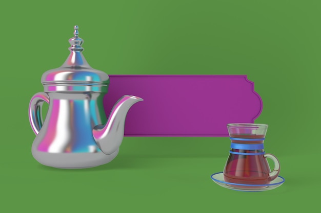 Tasse à thé Eid et cadre avant sur fond vert