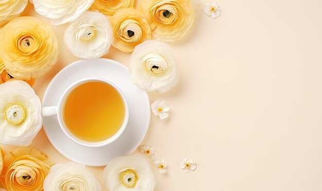 Une tasse de thé entourée de fleurs.