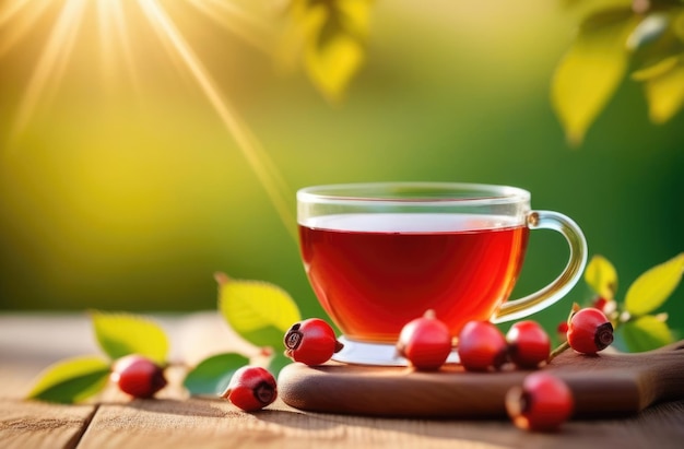 Une tasse de thé à l'épice sur une table en bois, des baies d'épice mûres, des buissons d'epice, un verger vert, un jour ensoleillé.