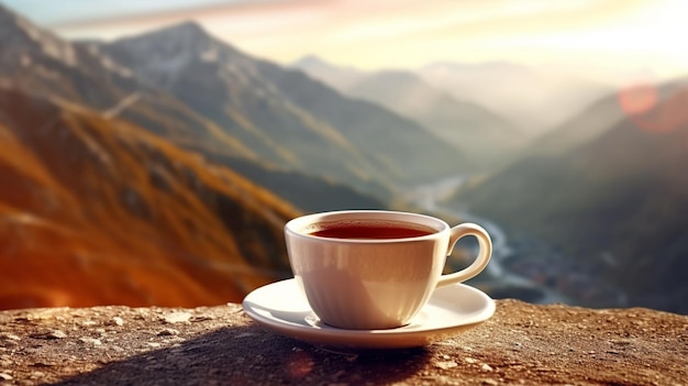 Une tasse de thé est posée sur un rebord avec des montagnes en arrière-plan.