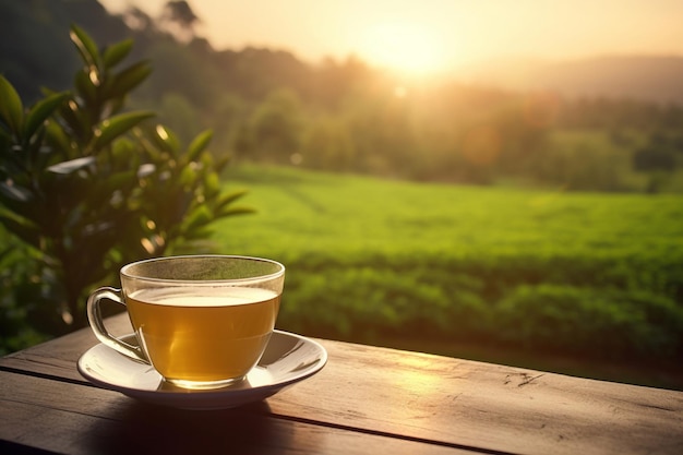 Une tasse de thé est posée sur une table devant un champ d'herbe verte.