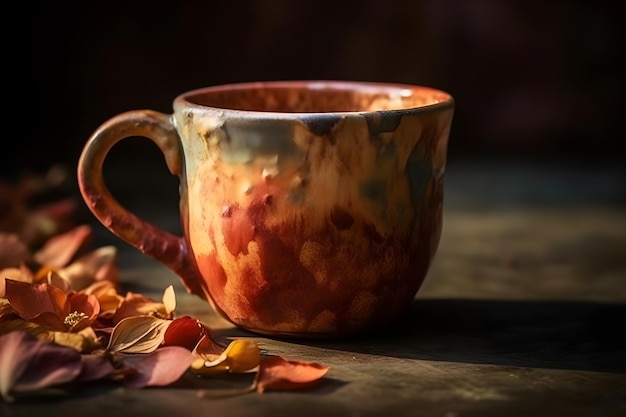 Une tasse de thé est posée sur une table avec des feuilles d'automne dessus.