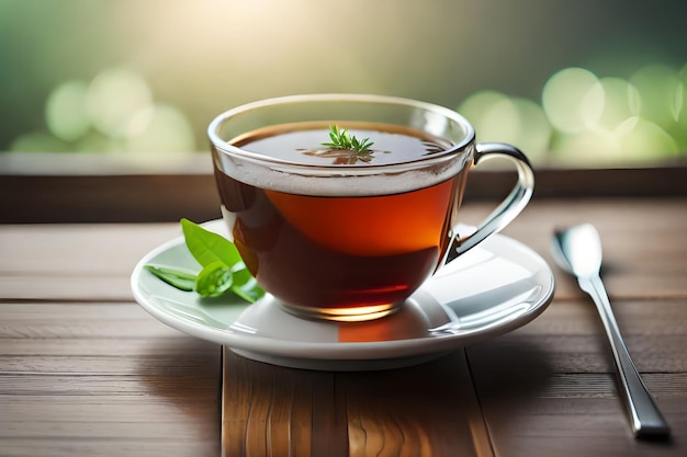 Une tasse de thé avec une feuille sur le bord est posée sur une table en bois.