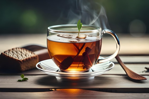 une tasse de thé avec une feuille sur le dessus