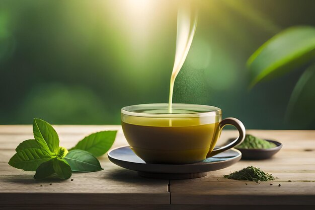 Une tasse de thé avec une feuille verte à côté