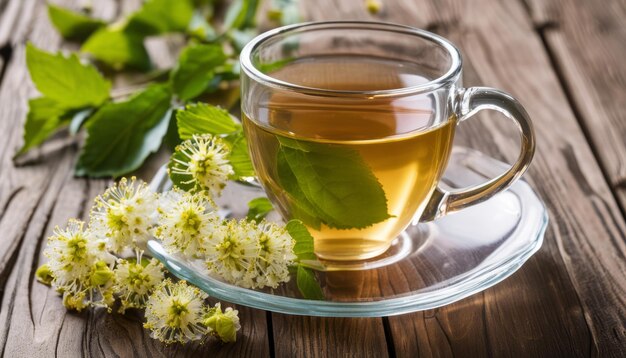 Une tasse de thé avec une feuille verte sur le dessus