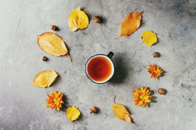 Tasse de thé avec des feuilles d&#39;automne