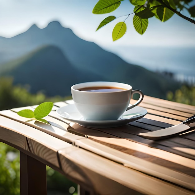 Une tasse de thé avec des feuilles sur une table en bois