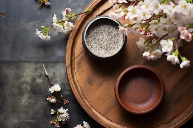 Tasse de thé et fleur de cerisier sur la vue de dessus de table en bois