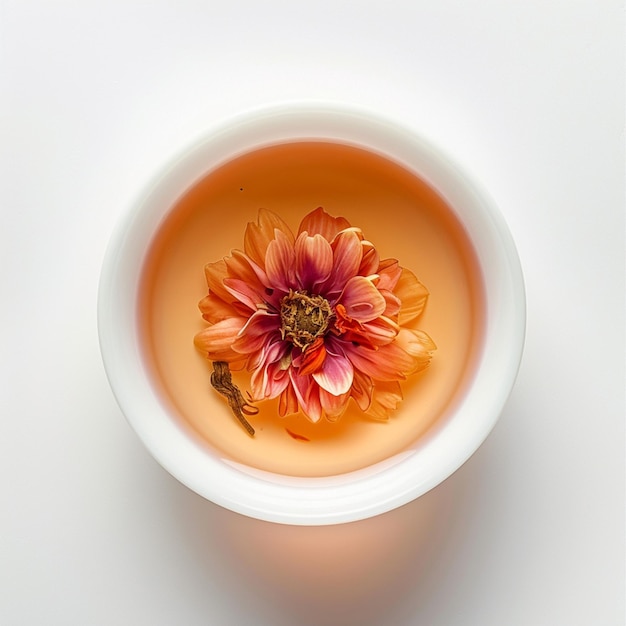 une tasse de thé avec une fleur d'orange sur le fond blanc