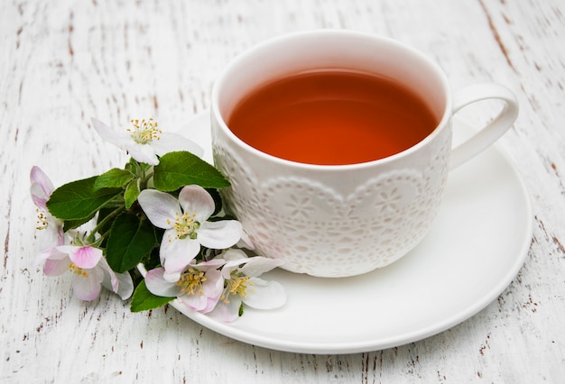 Tasse de thé et fleur de printemps