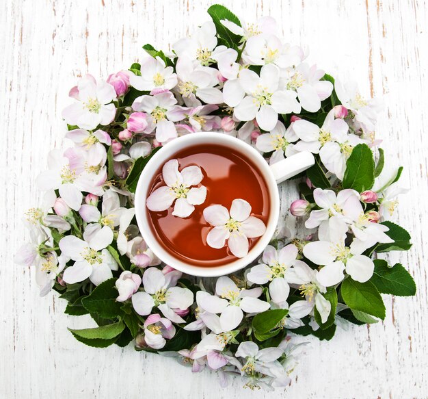 Tasse de thé et fleur de printemps