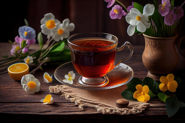 Une tasse de thé avec des fleurs en arrière-plan