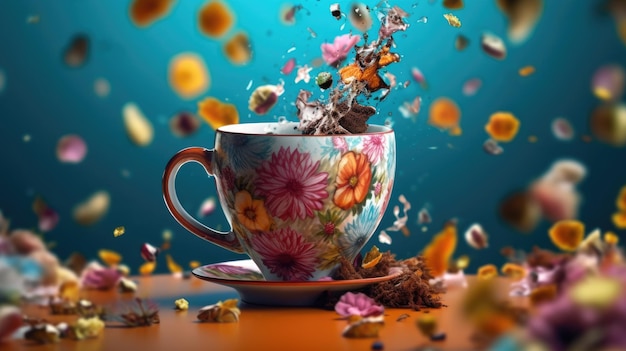 Une tasse de thé avec des fleurs et des feuilles flottant autour