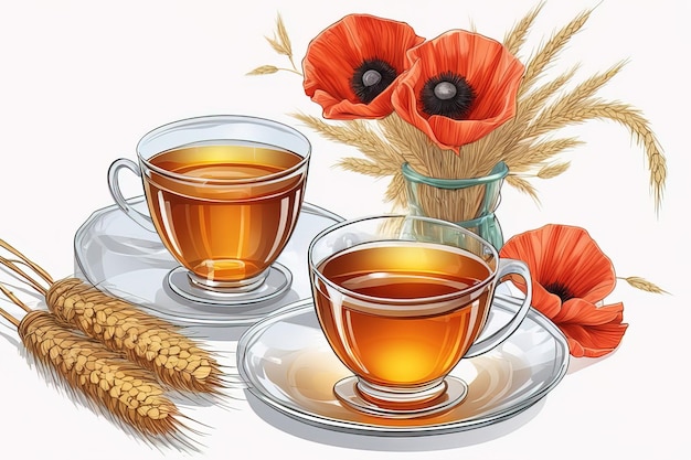 tasse de thé et fleurs de pavot rougetasse de thé et fleurs de pavot rougeillustration vectorielle pour la conception d'affiches