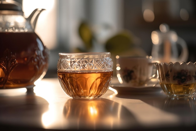 Une tasse de thé frais chaud debout sur une table en bois dans un intérieur ensoleillé confortable ai générative