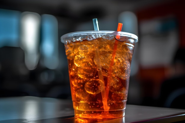 Une tasse de thé glacé avec de la glace et une paille