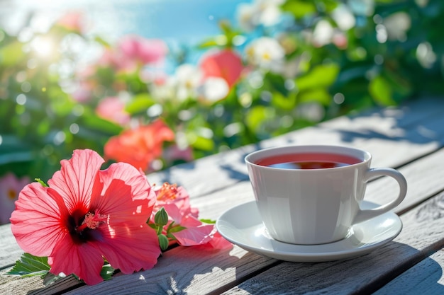 Une tasse de thé d'hibiscus chaud avec des fleurs en arrière-plan Mise en place de la table de pique-nique pour le petit déjeuner IA générative