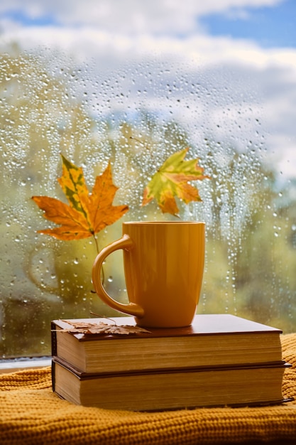 Tasse de thé, livre, feuilles d'automne et bougie sur le rebord de la fenêtre à la maison