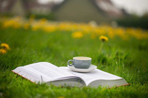 Tasse de thé avec livre ouvert