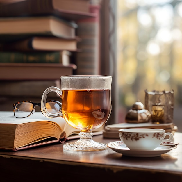 Une tasse de thé et un livre sur une table avec des verres dessus.
