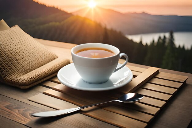 une tasse de thé et un livre sur une table avec vue sur un lac.